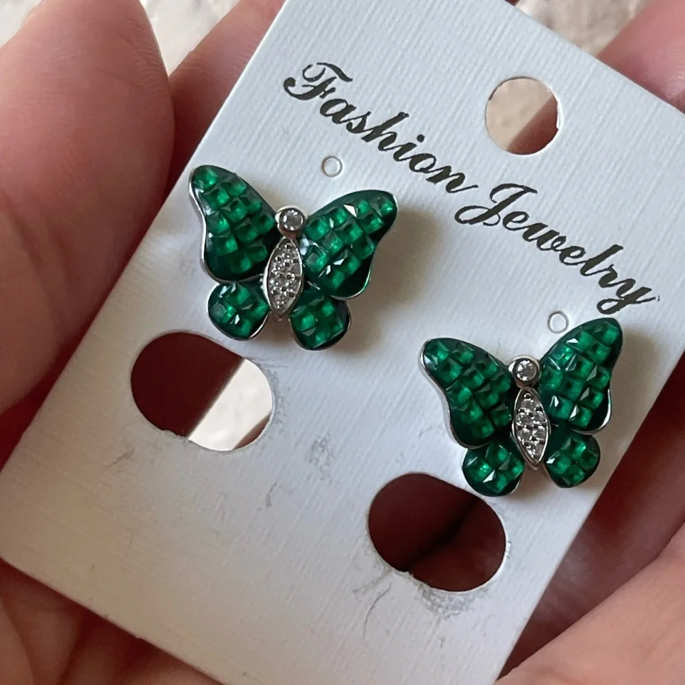 Green Butterfly Earrings - Picture 1 of 4